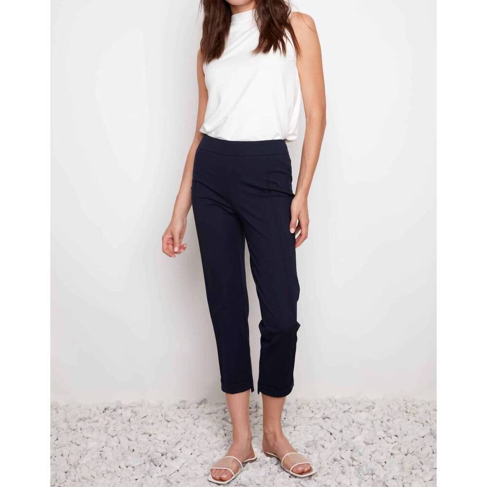 NEW UP! compression slim cropped front-cuff pants in navy